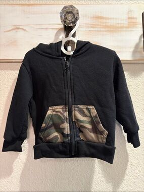 Kids Black Zip-Up Hoodie with Camo Pocket